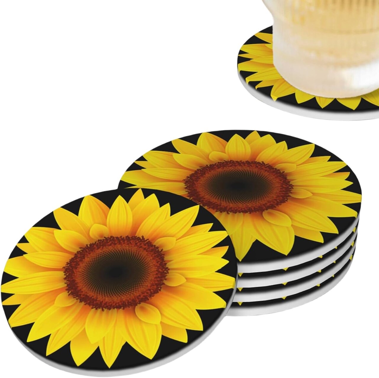 Sunflower Yellow Sun Flower Coasters for Drinks Set of 4, Absorbent Ceramic Drink Coasters for Coffee Table Wooden Table Cup Bar, 4 Inches
